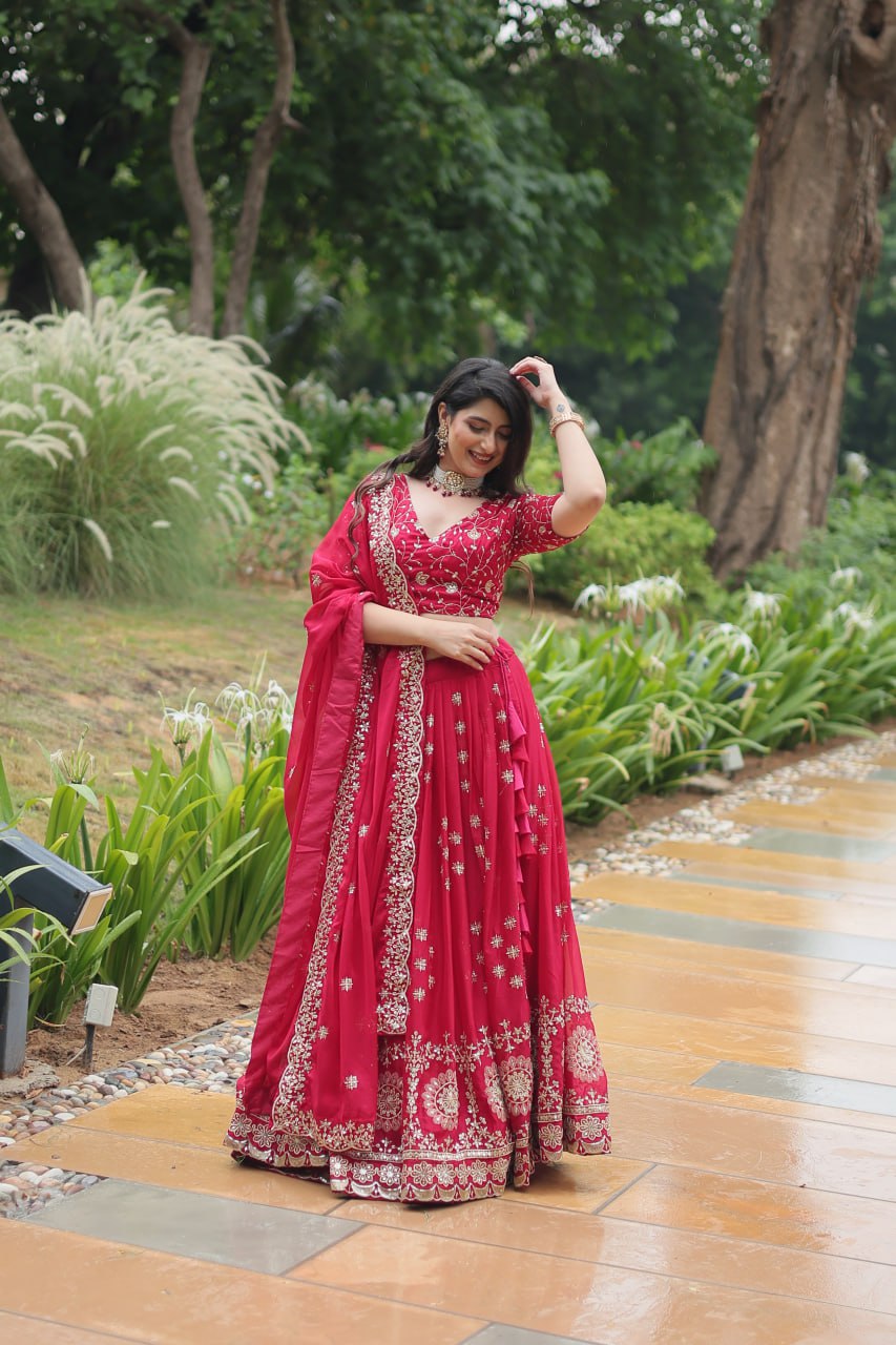 Red Intricate Tread & Sequin Work Lehenga