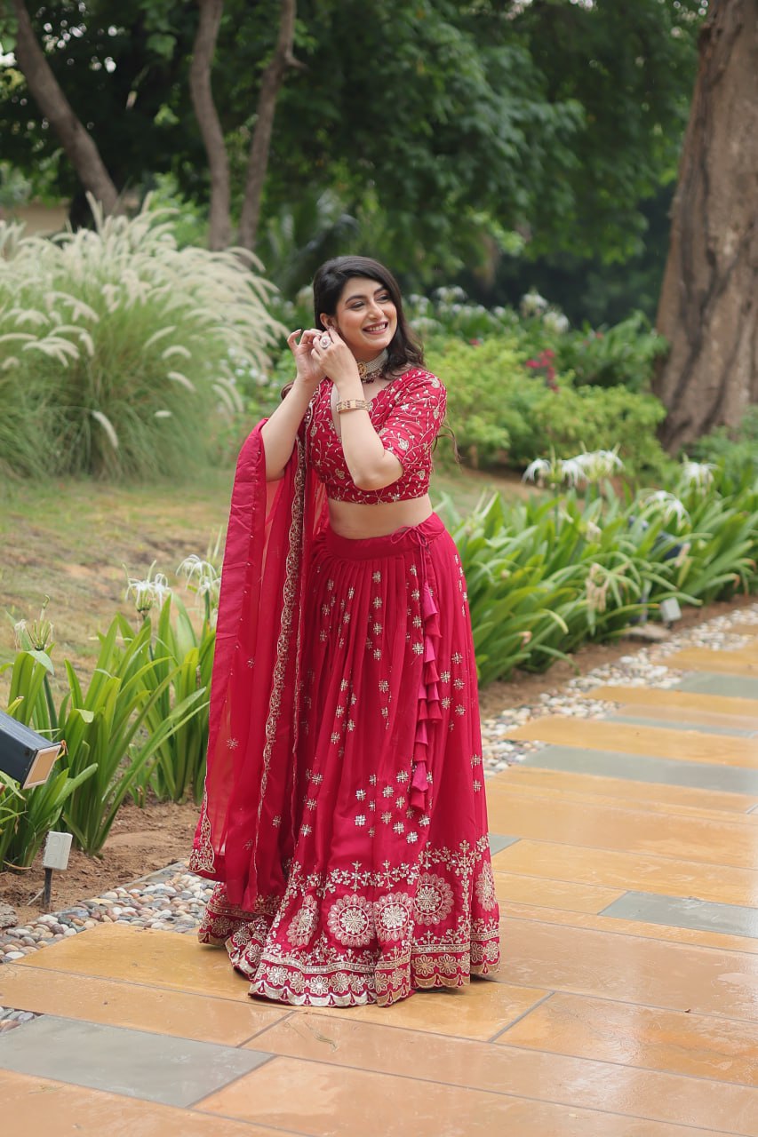 Red Intricate Tread & Sequin Work Lehenga