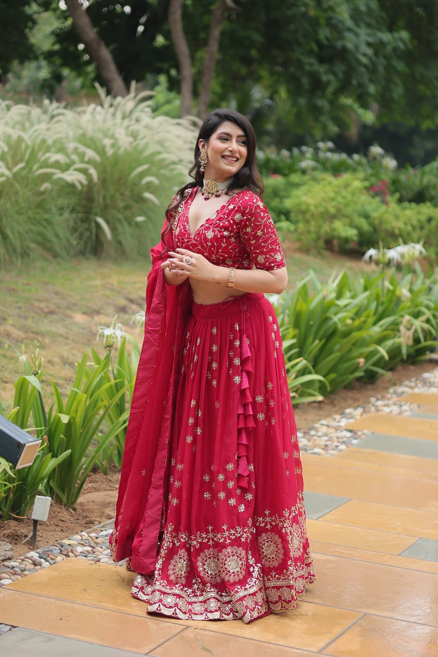 Red Intricate Tread & Sequin Work Lehenga