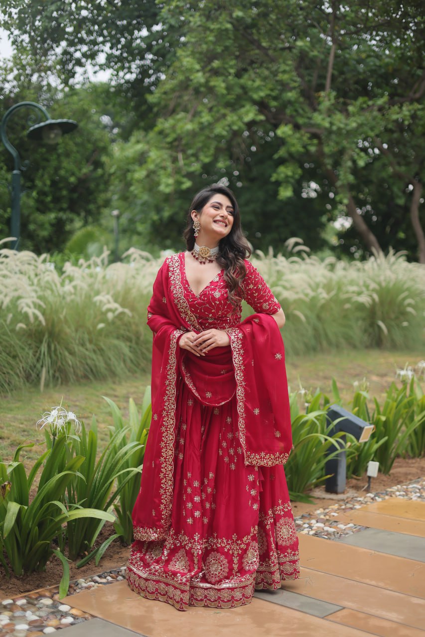 Red Intricate Tread & Sequin Work Lehenga