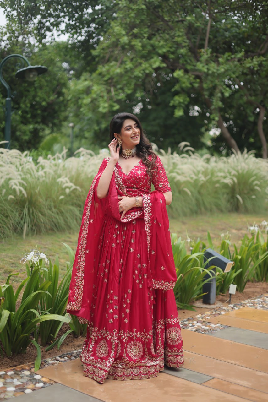 Red Intricate Tread & Sequin Work Lehenga