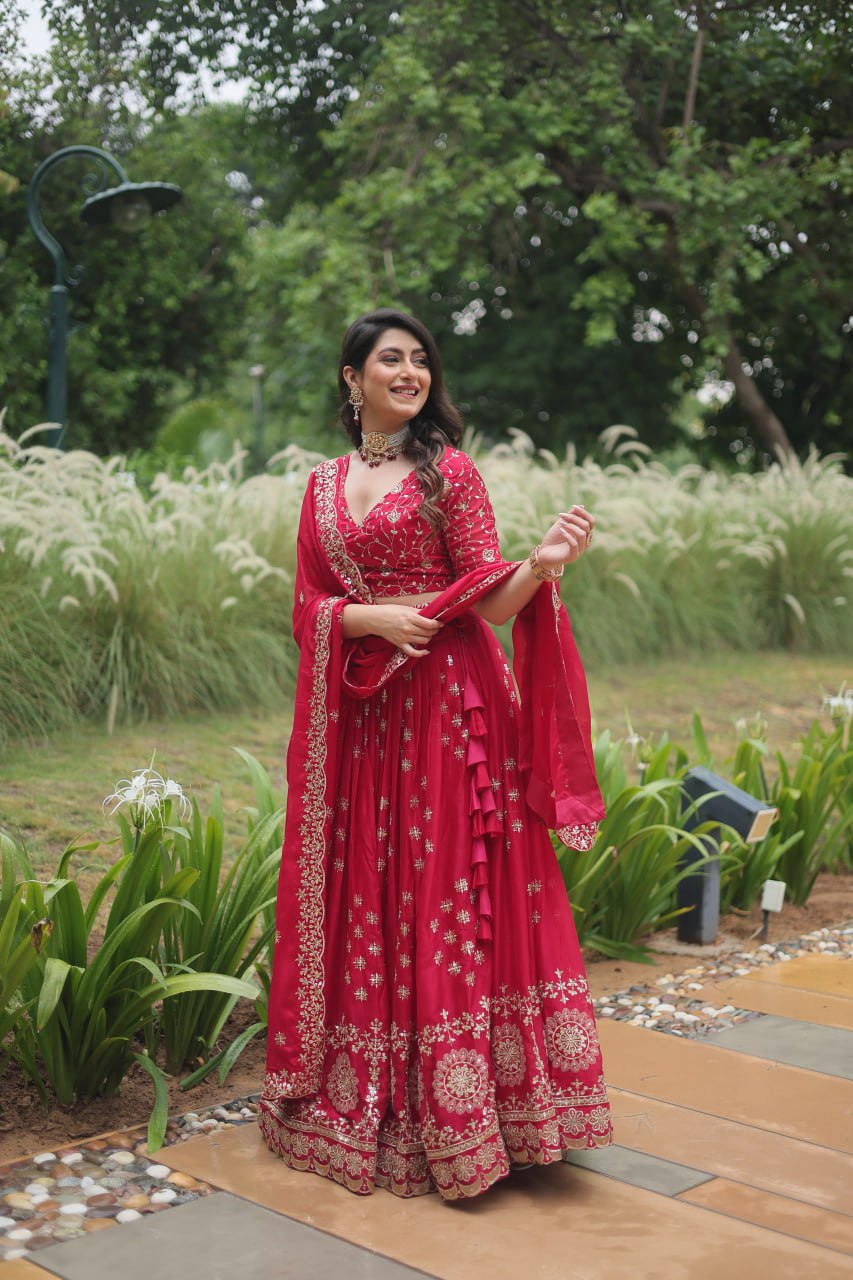 Red Intricate Tread & Sequin Work Lehenga