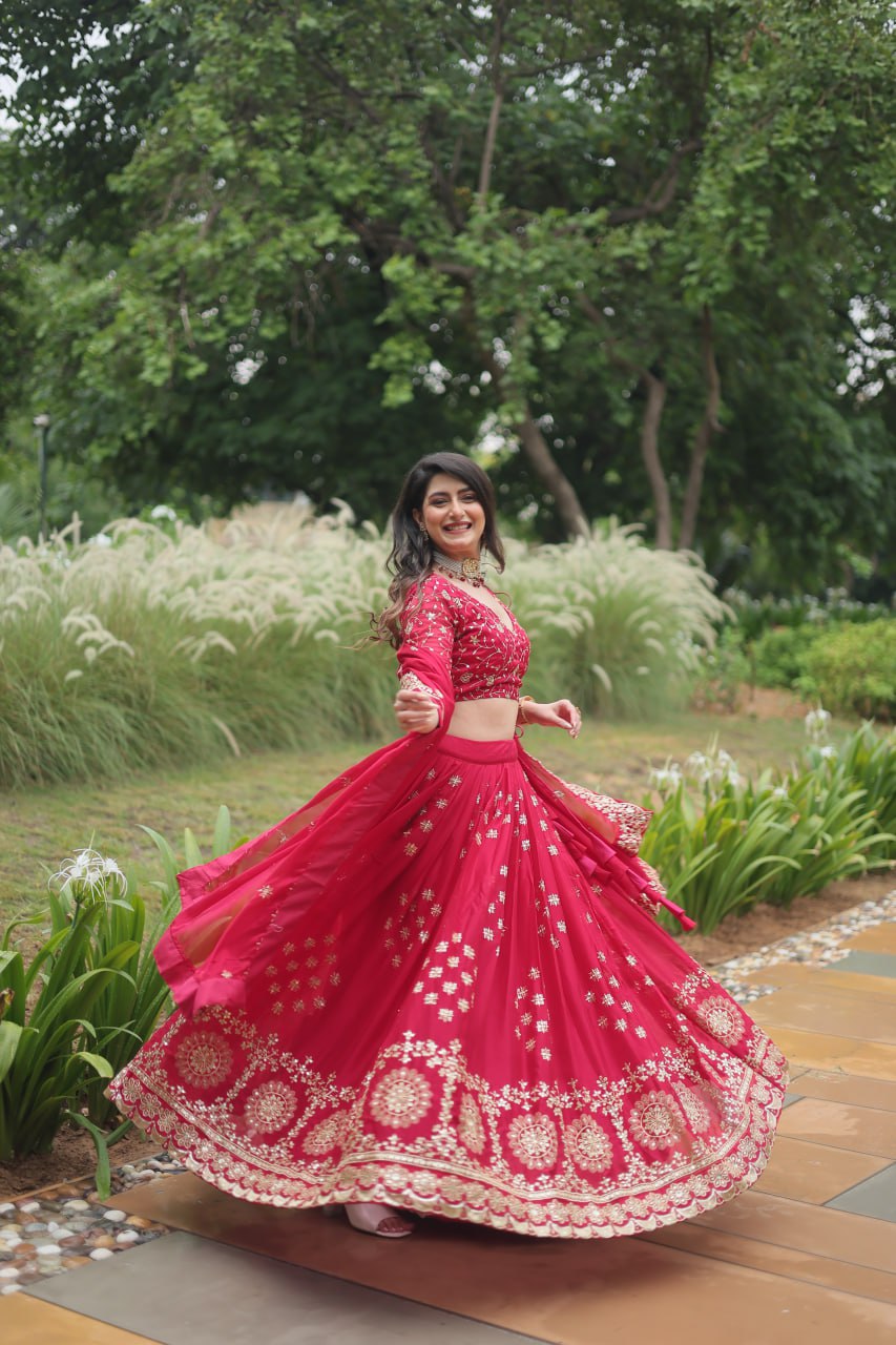 Red Intricate Tread & Sequin Work Lehenga