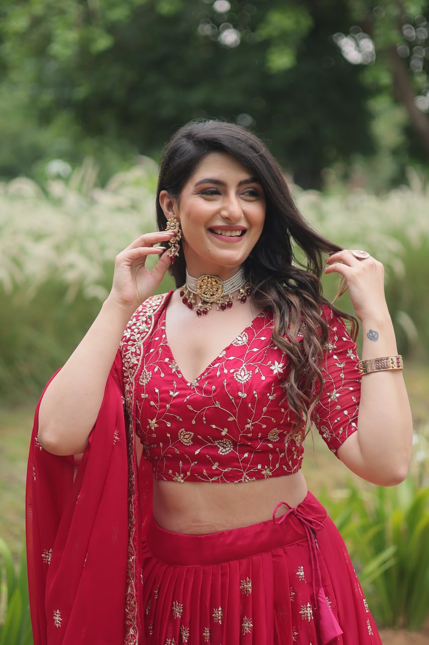 Red Intricate Tread & Sequin Work Lehenga