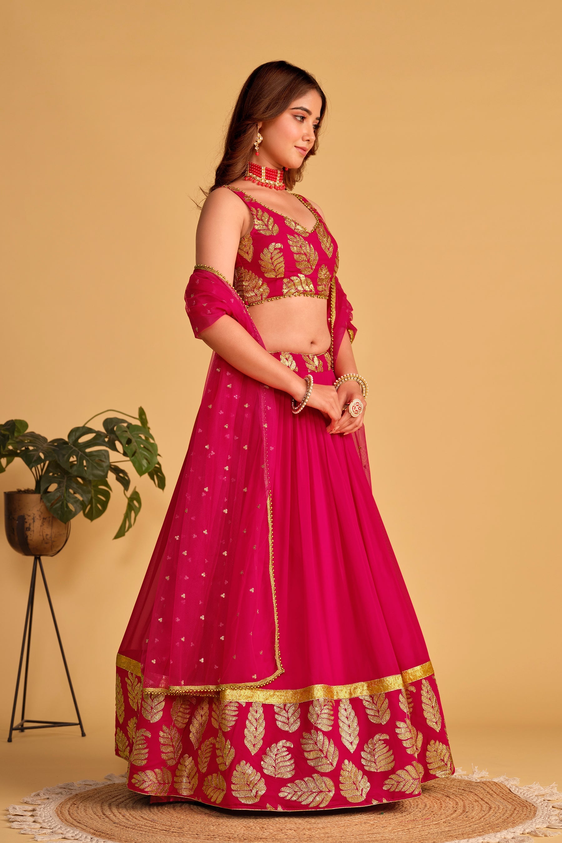 Pink Women's Georgette Embroidery Lehenga Choli