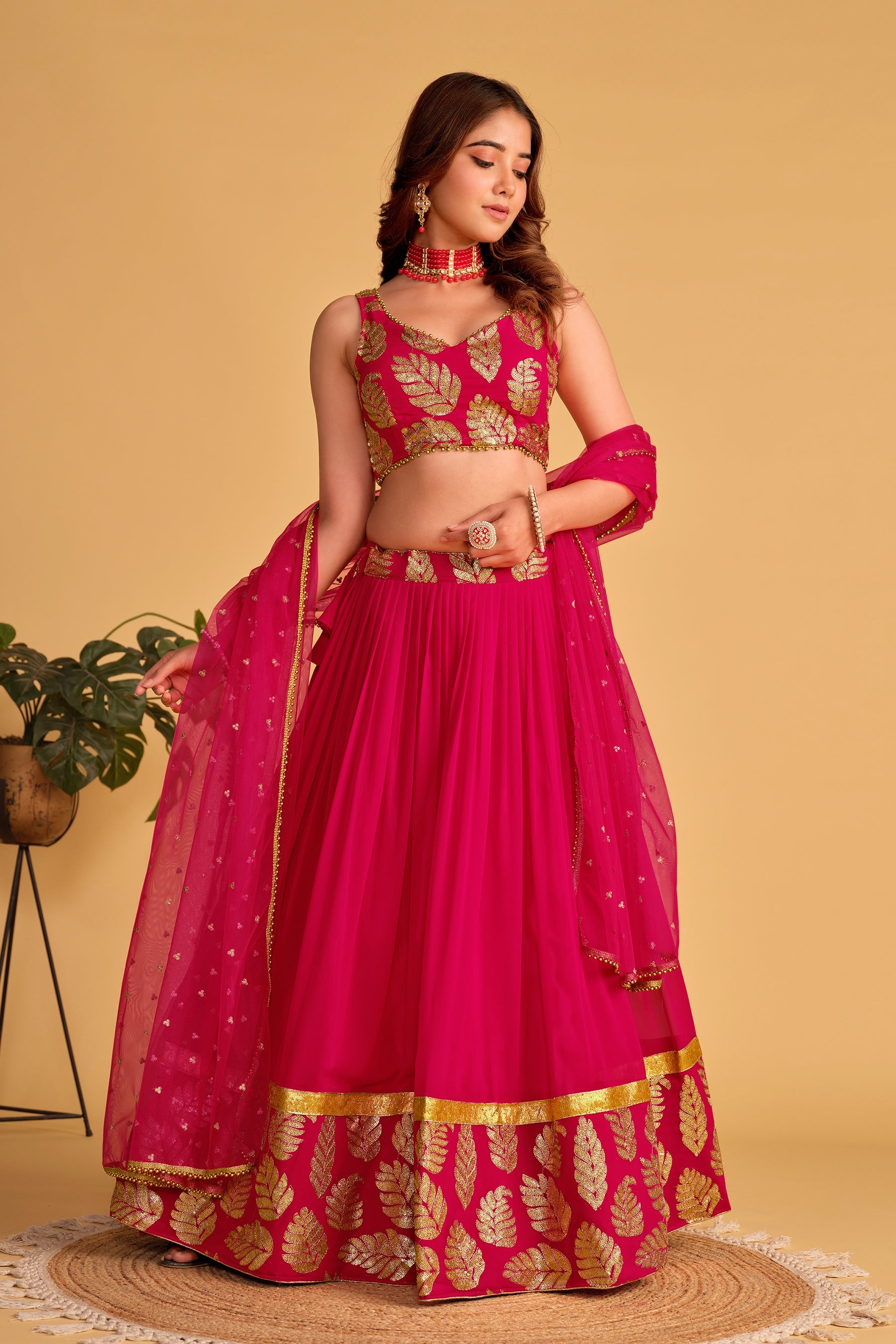 Pink Women's Georgette Embroidery Lehenga Choli