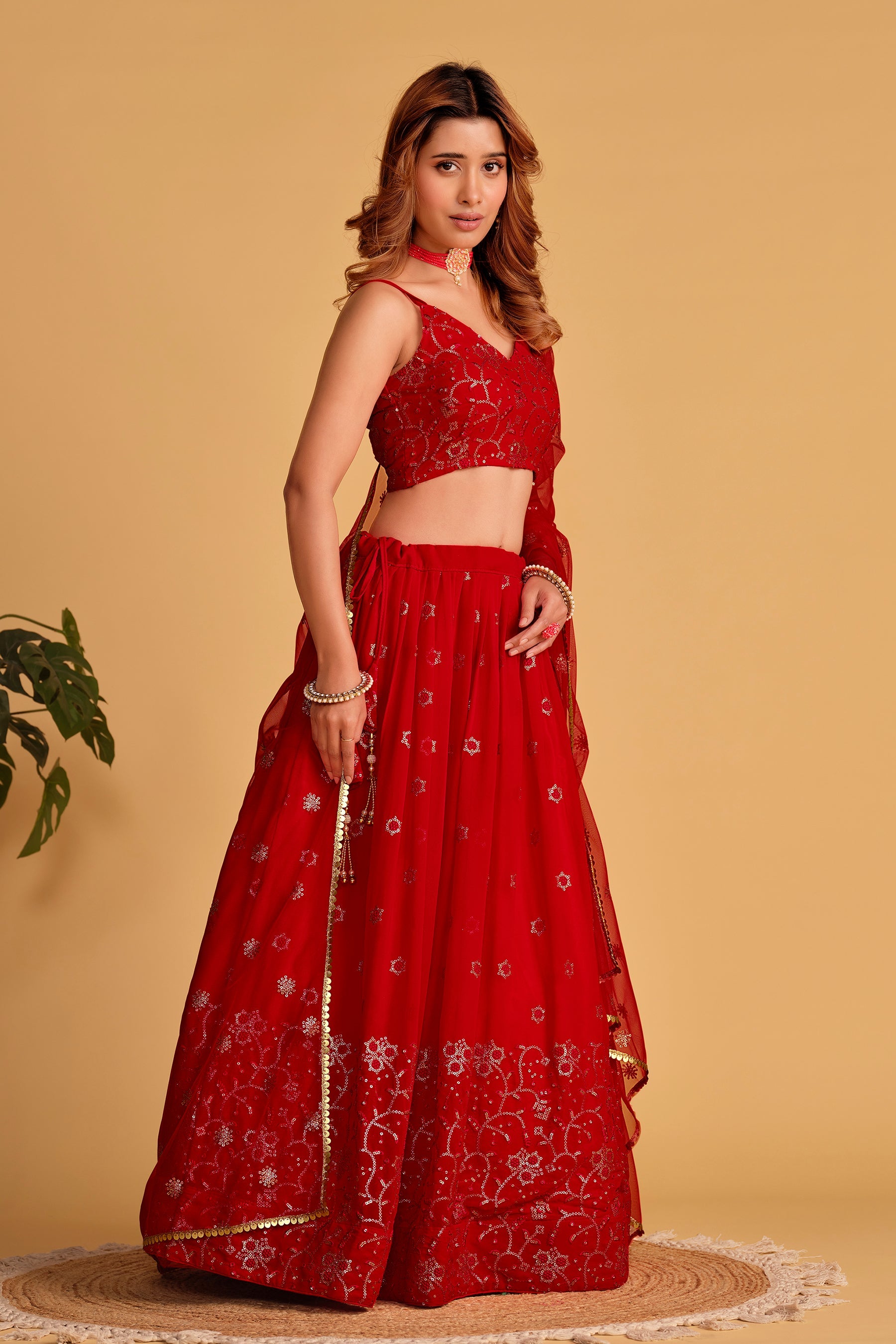Red Women's Georgette Embroidery Lehenga Choli