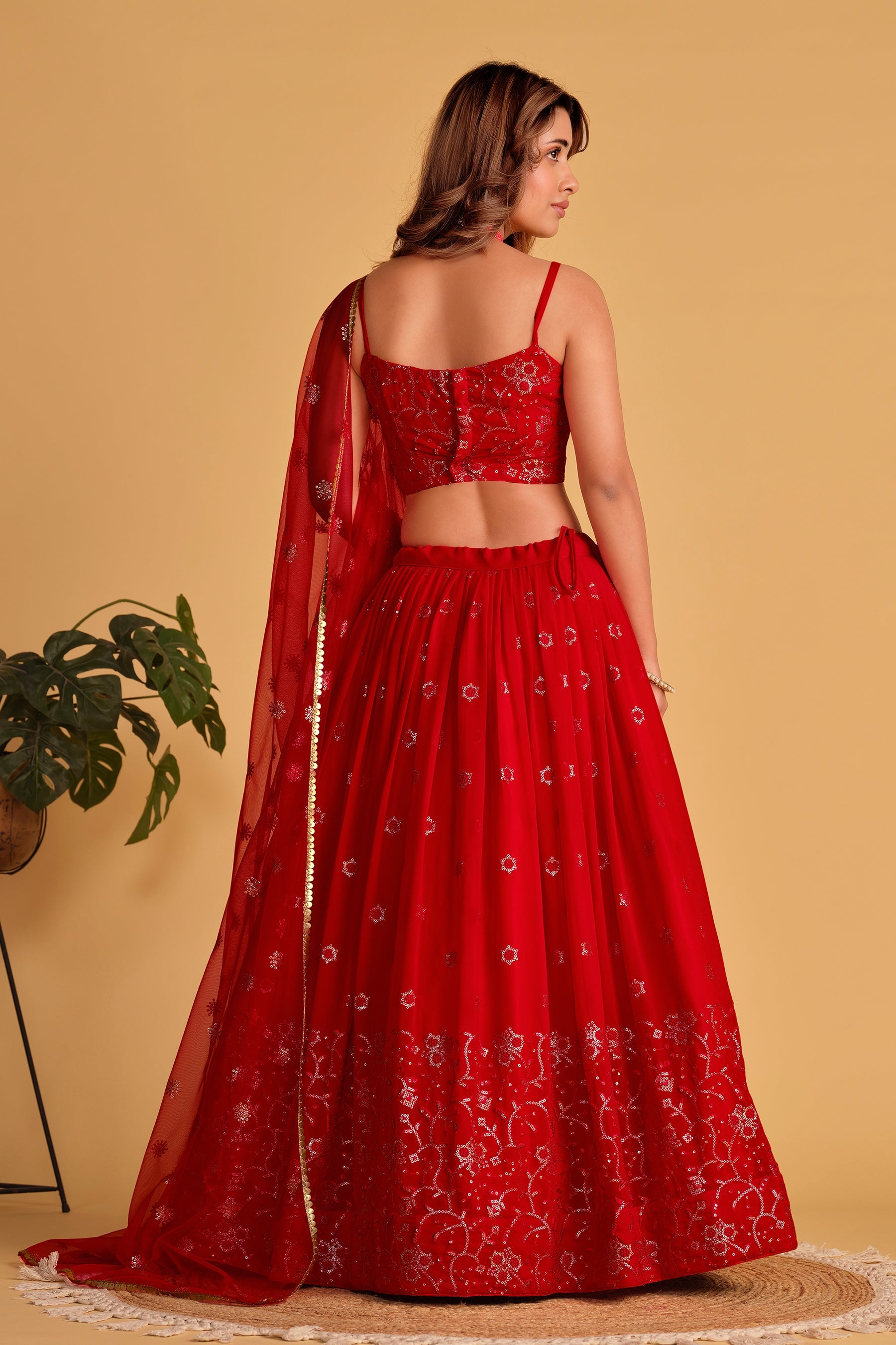 Red Women's Georgette Embroidery Lehenga Choli