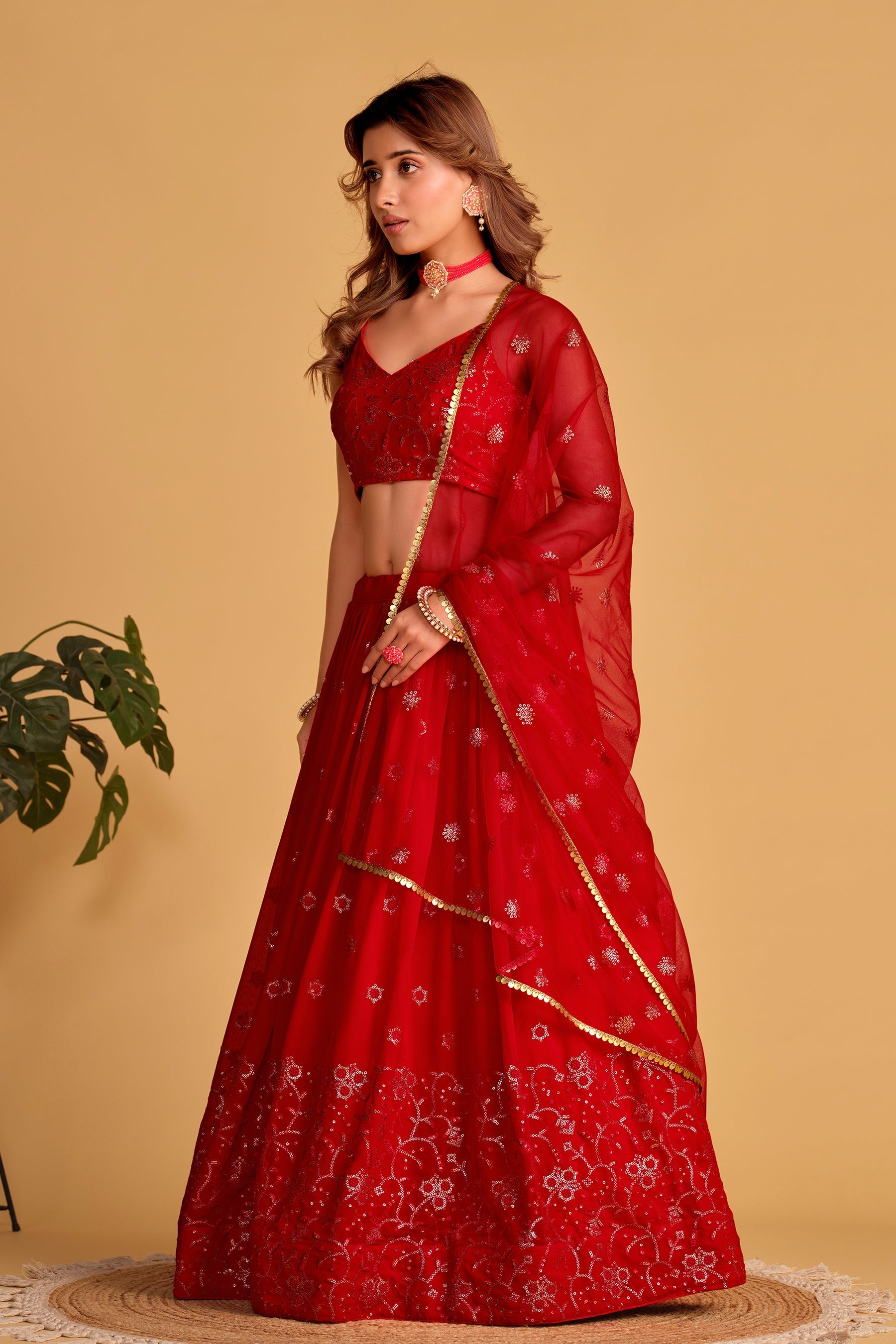 Red Women's Georgette Embroidery Lehenga Choli