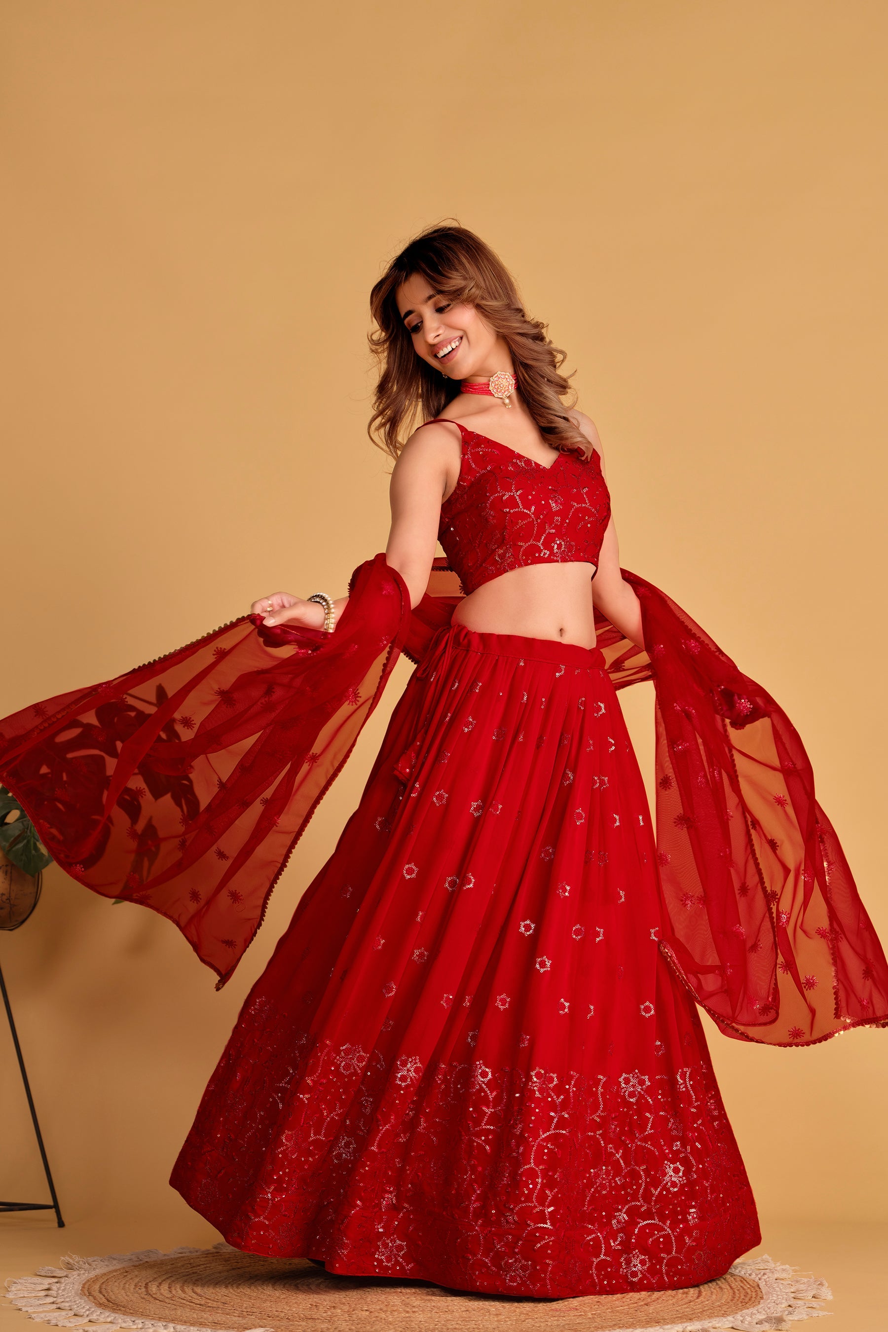 Red Women's Georgette Embroidery Lehenga Choli