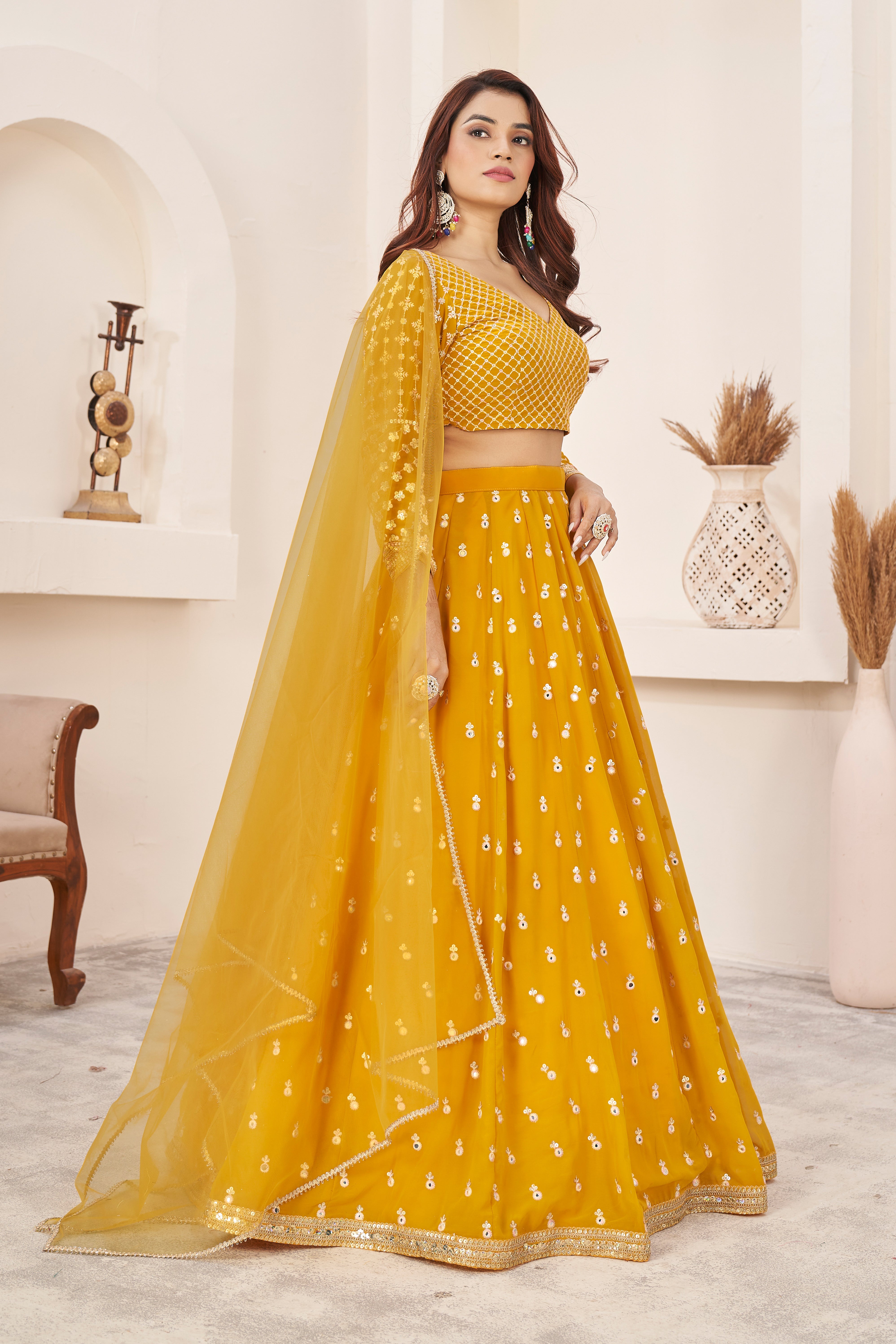 Yellow Women's Georgette Embroidery Lehenga Choli