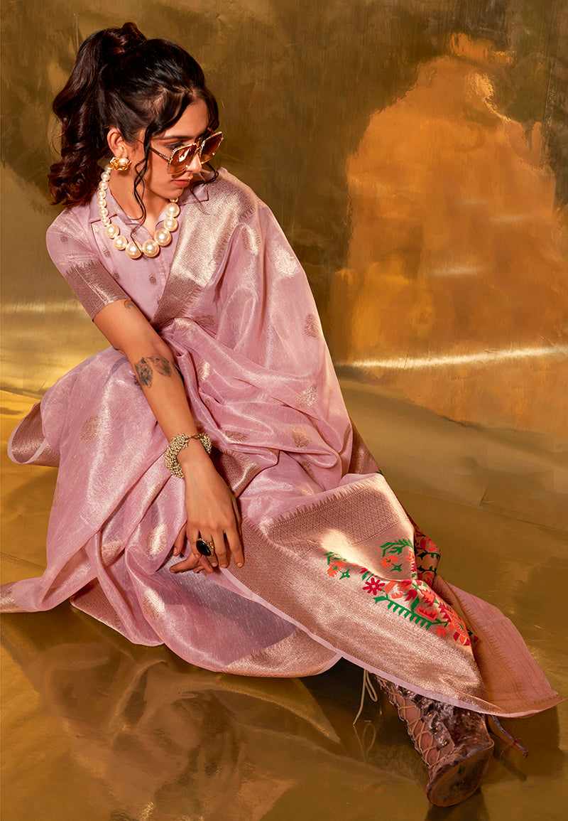Baby pink woven saree