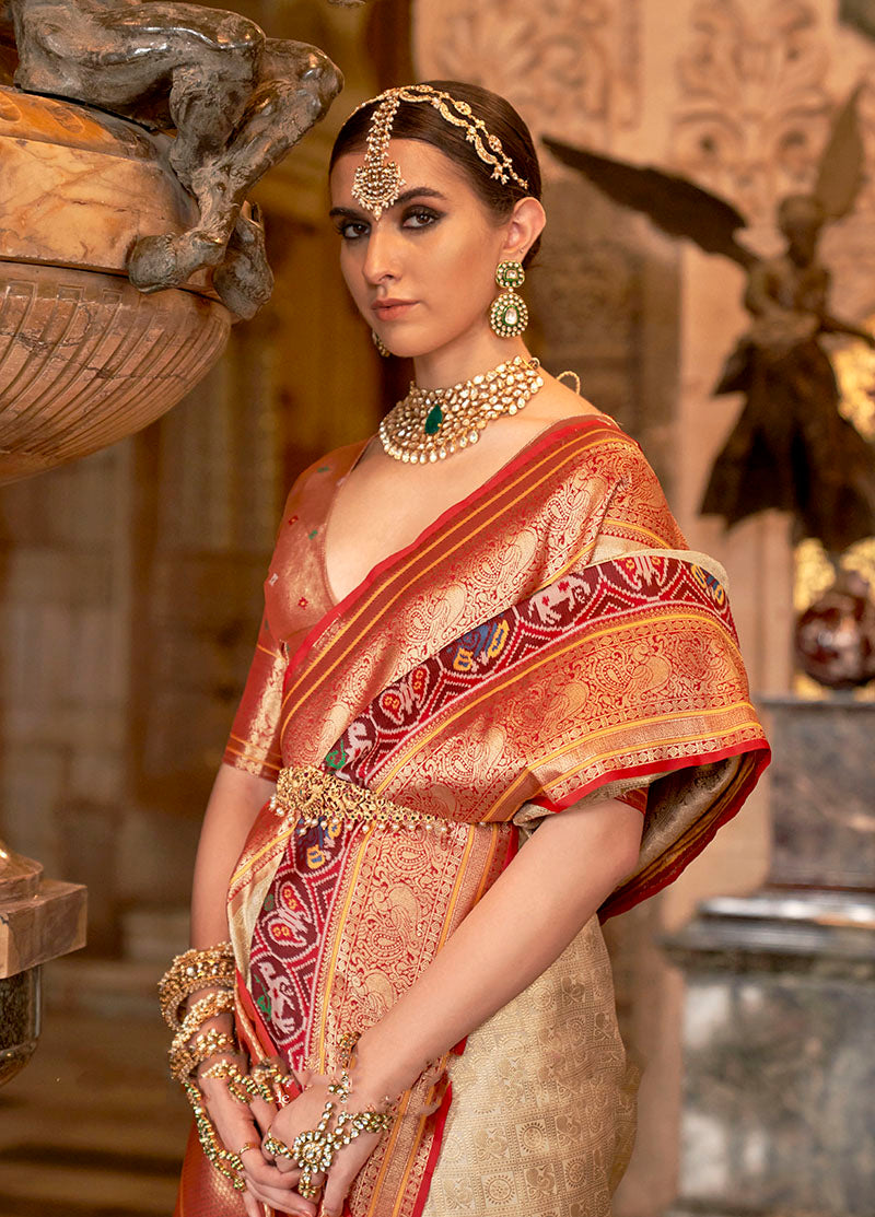 Beige Zari Woven Banarasi Silk Saree