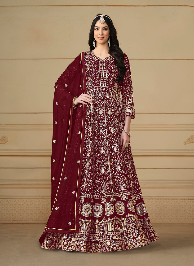 MaroonFaux GeorgetteEmbroideredKurta