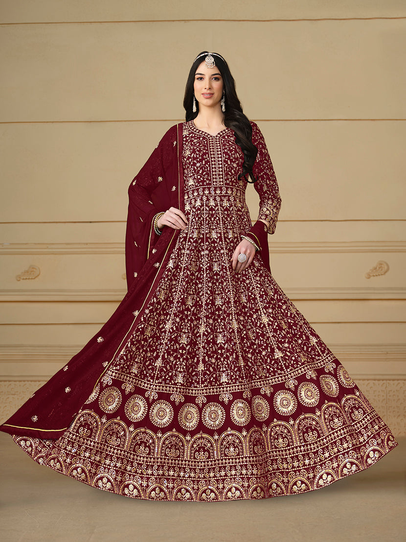 MaroonFaux GeorgetteEmbroideredKurta
