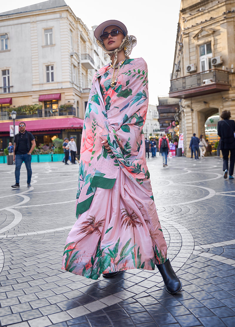 Baby pink floral print saree