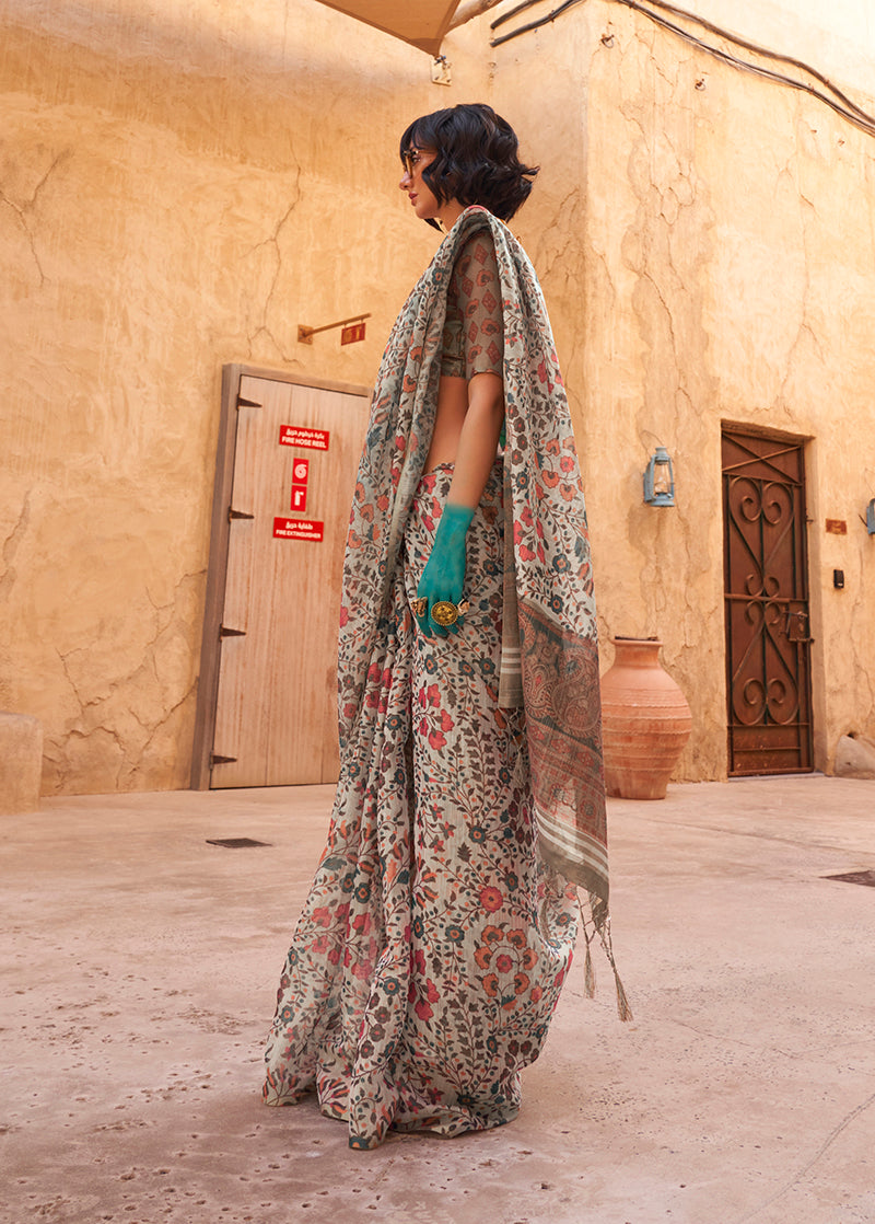 Grey floral print saree