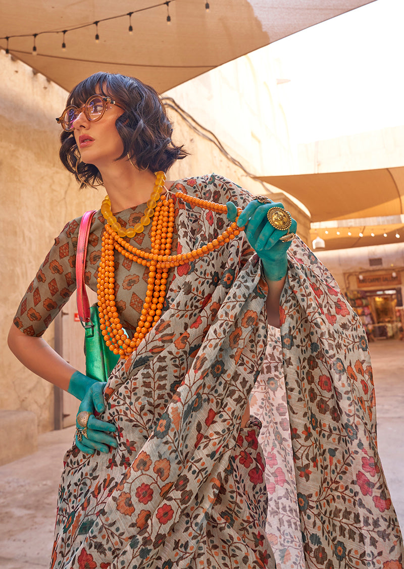 Grey floral print saree