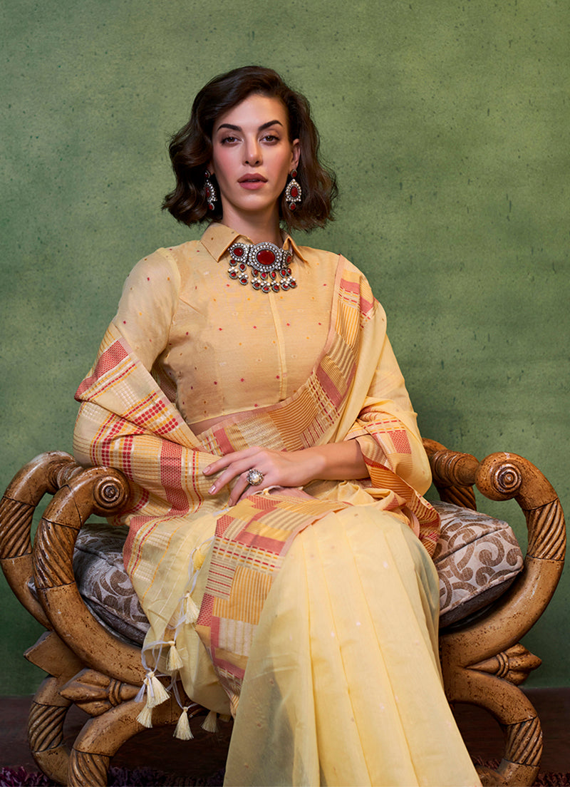 Light yellow resham woven saree