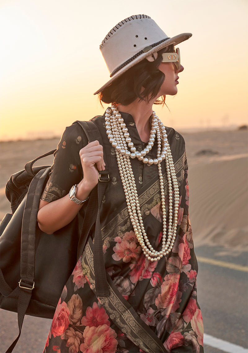 Black floral print saree