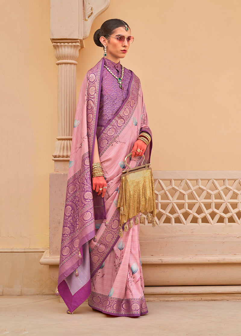 Baby_Pink Floral Print Silk Saree