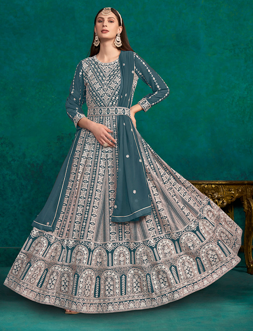 TealFaux GeorgetteEmbroideredKurta