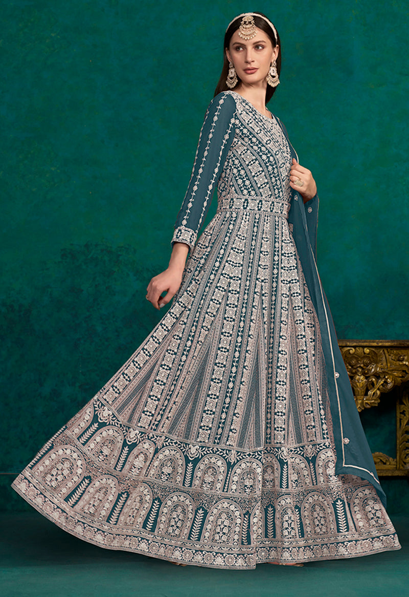 TealFaux GeorgetteEmbroideredKurta