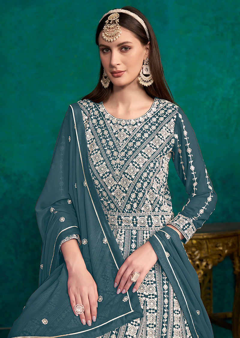 TealFaux GeorgetteEmbroideredKurta