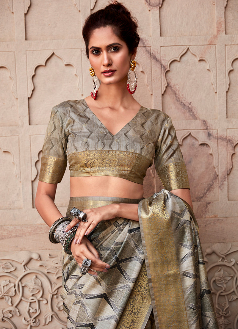 Beige Printed Art Silk Saree