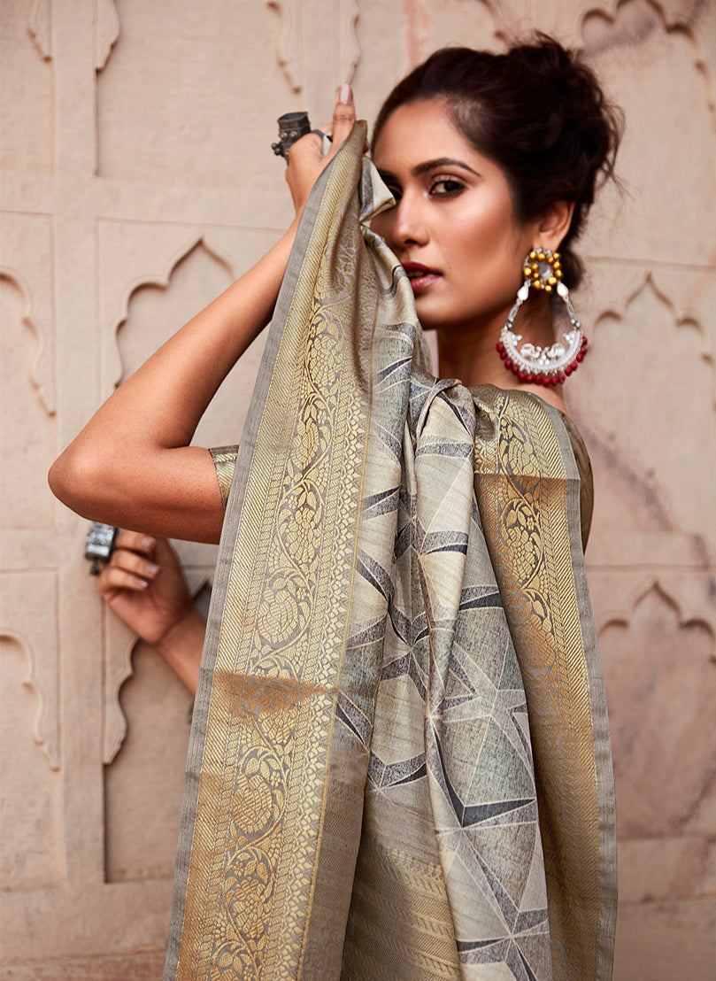 Beige Printed Art Silk Saree