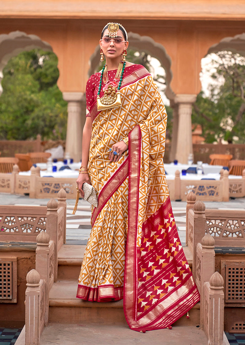 Mustard Printed Cotton Silk Saree