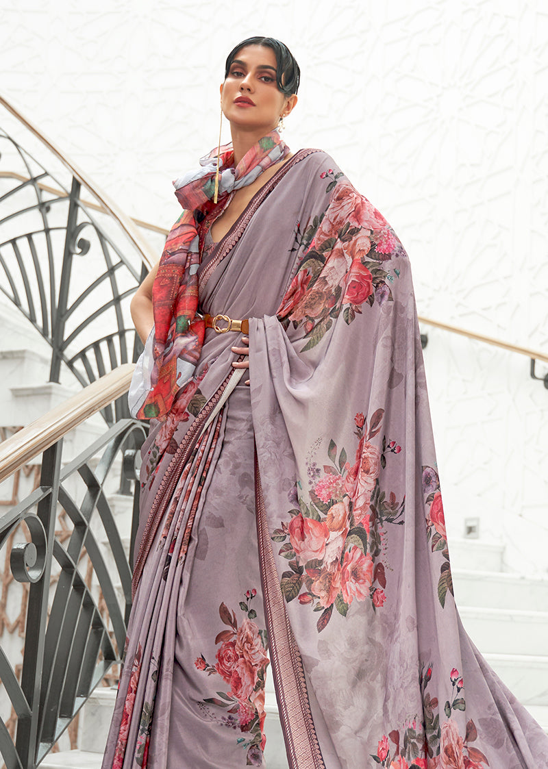 Grey digital print saree
