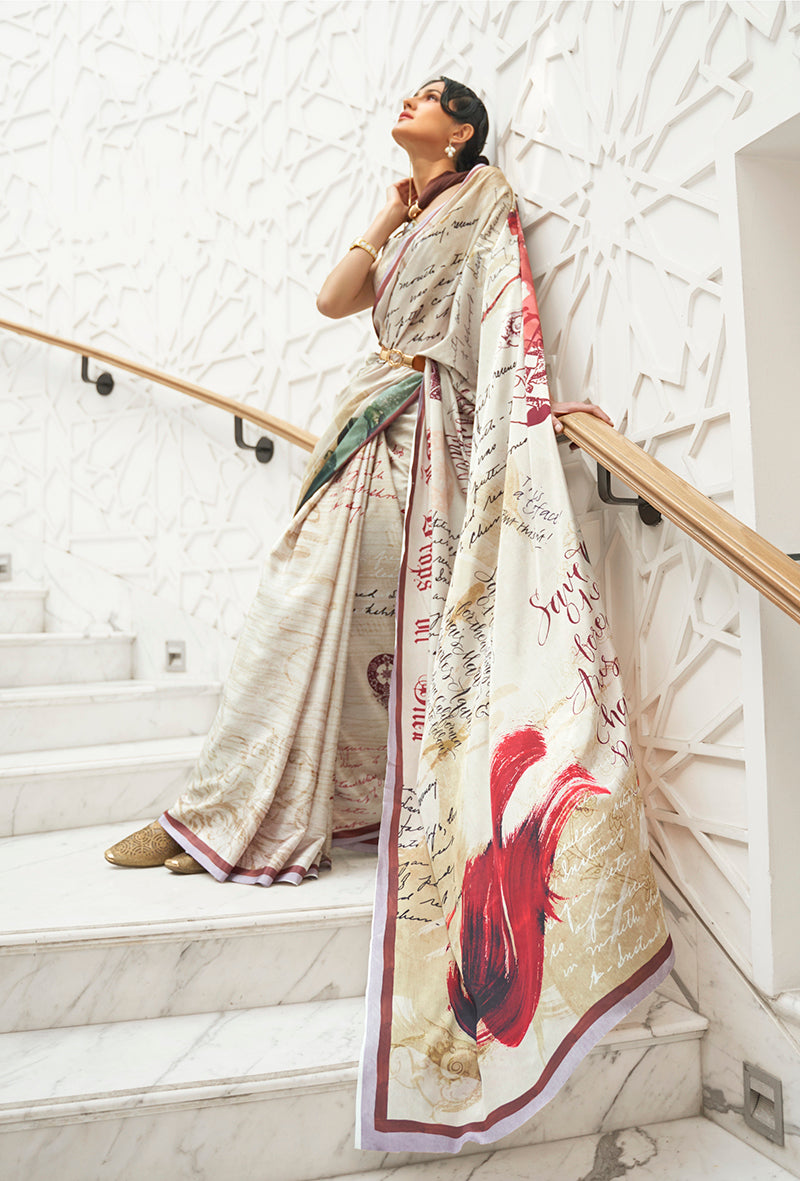 Cream digital print saree