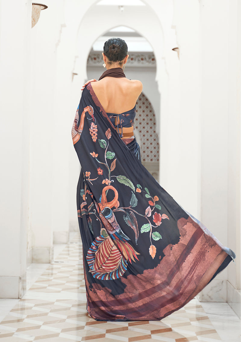 Black digital print saree
