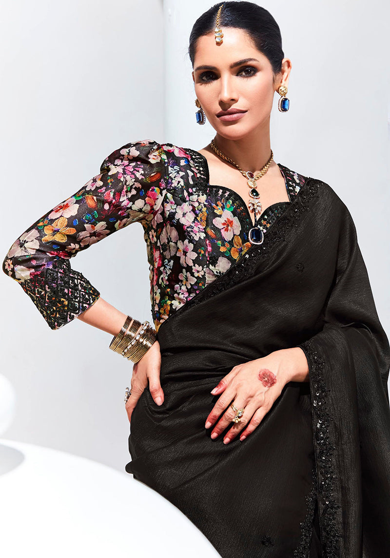 Black Embroidered Organza Saree