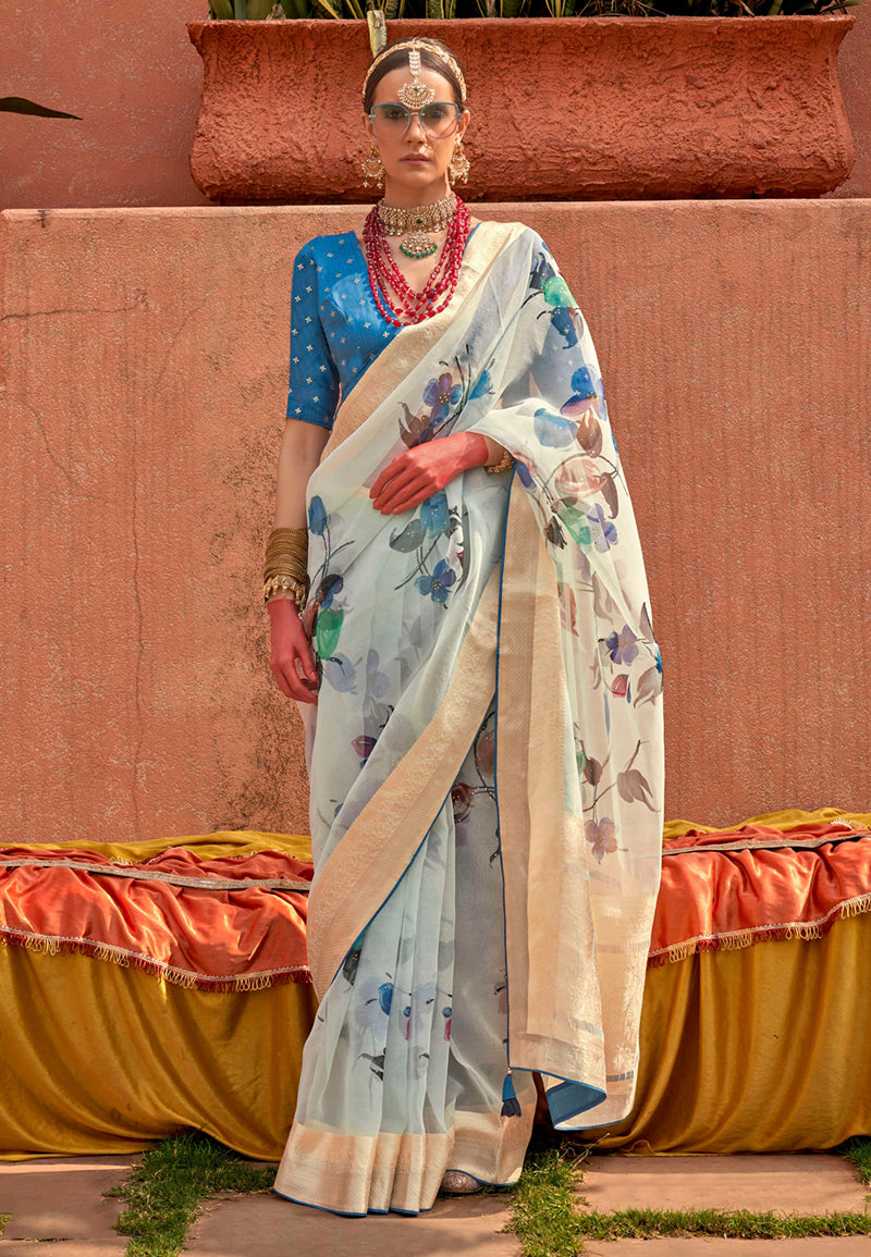 Aqua Blue Printed Pure Silk Saree