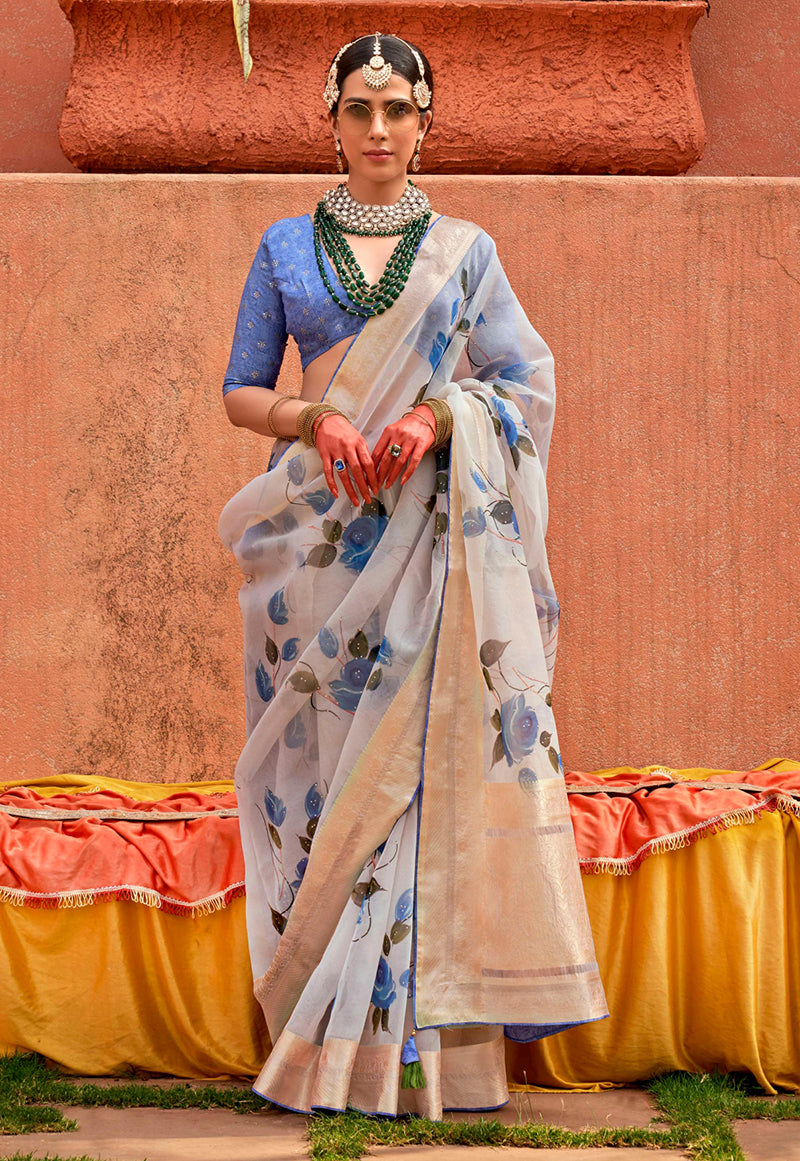 Aqua Blue Printed Pure Silk Saree