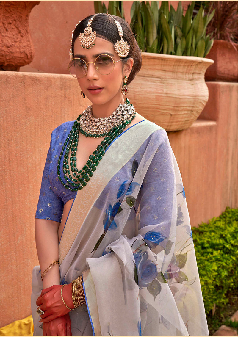 Aqua Blue Printed Pure Silk Saree