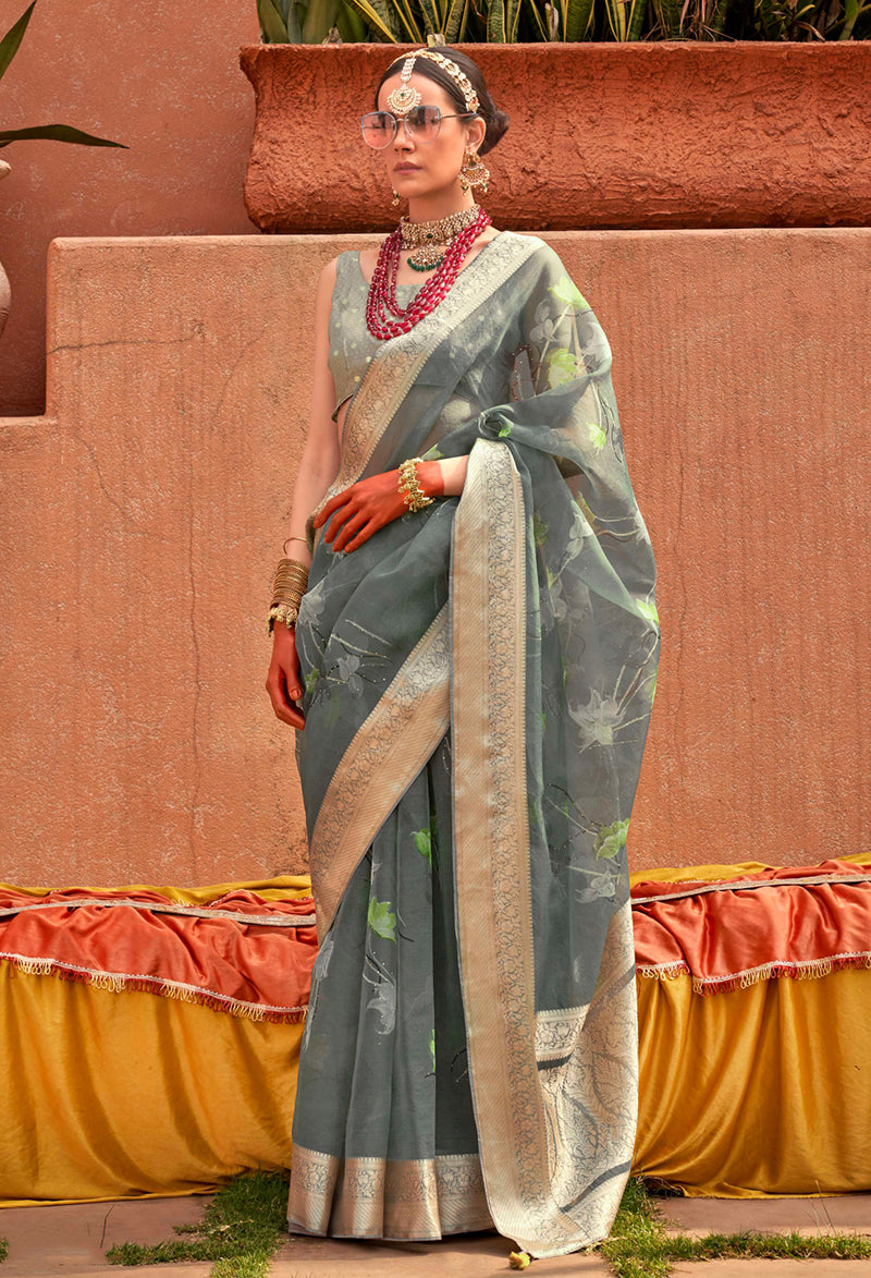Sea Green Printed Pure Silk Saree