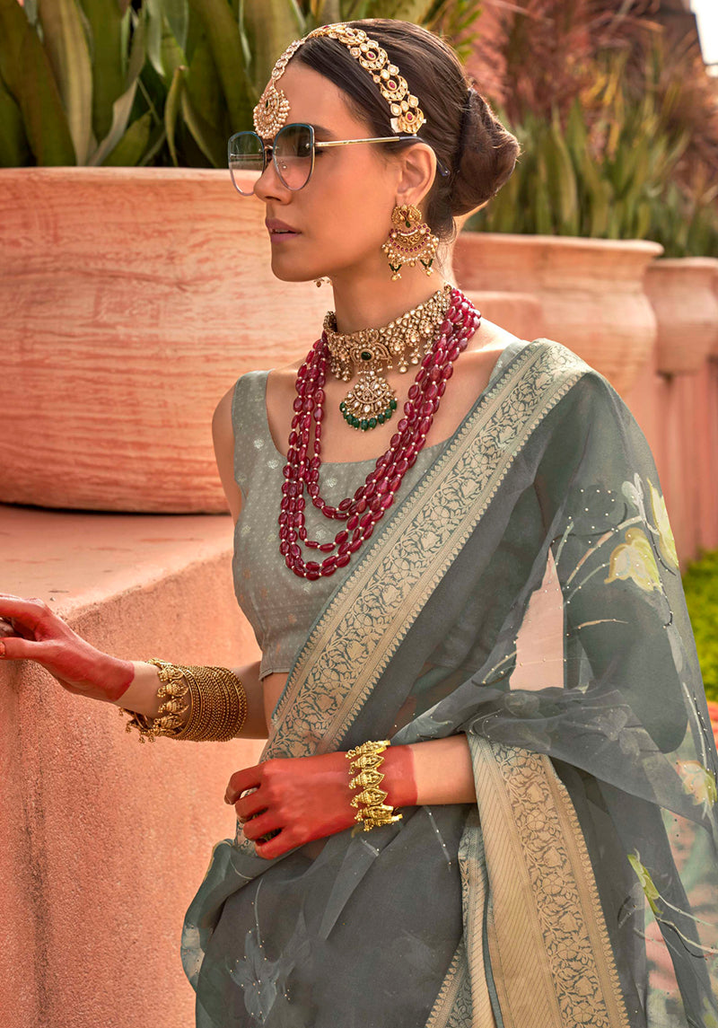 Sea Green Printed Pure Silk Saree