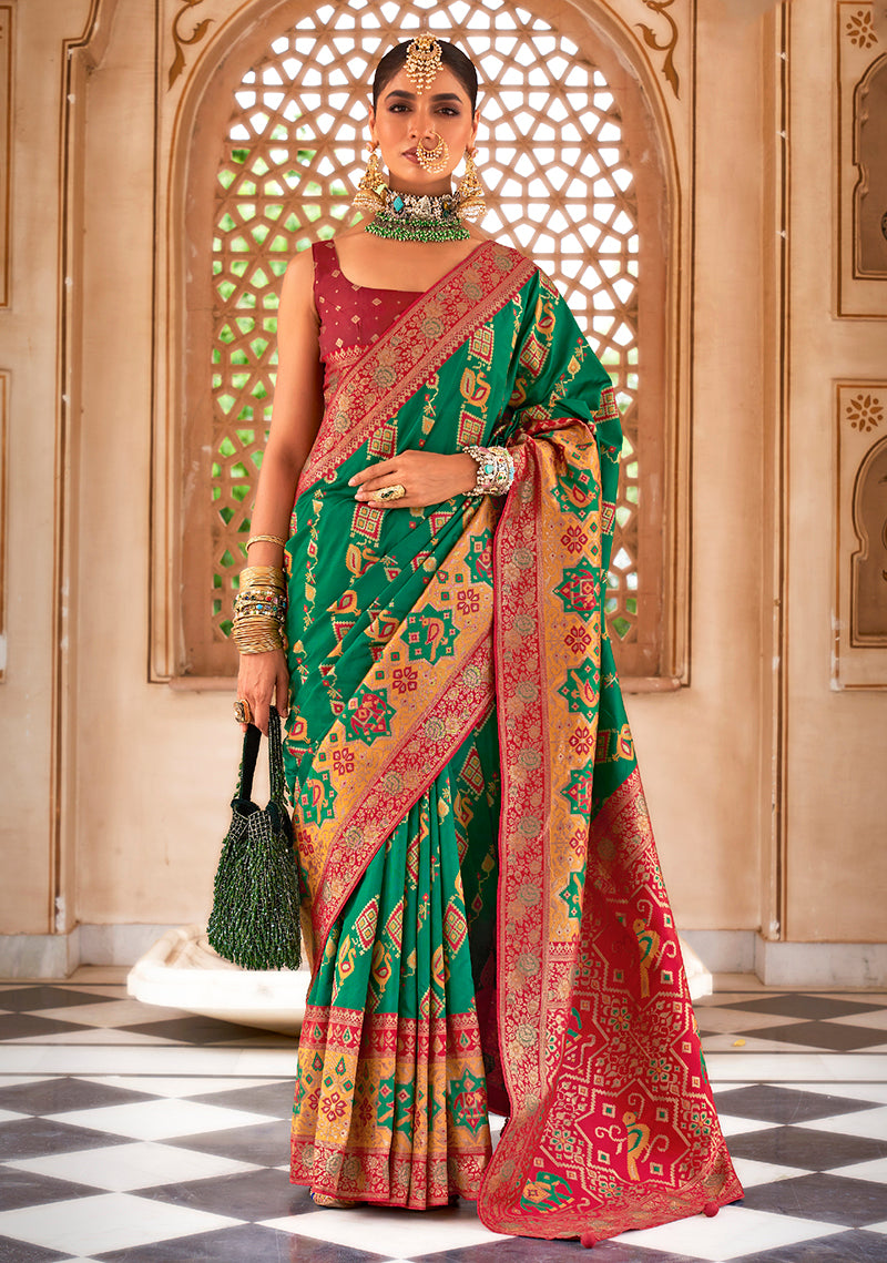 Green Weaving Print Banarasi Silk Saree