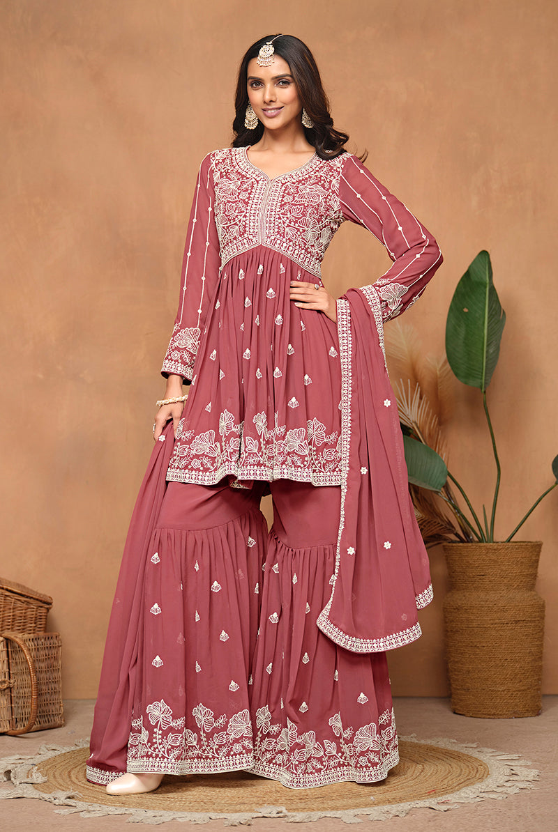 Dark-RoseFaux GeorgetteEmbroideredKurta