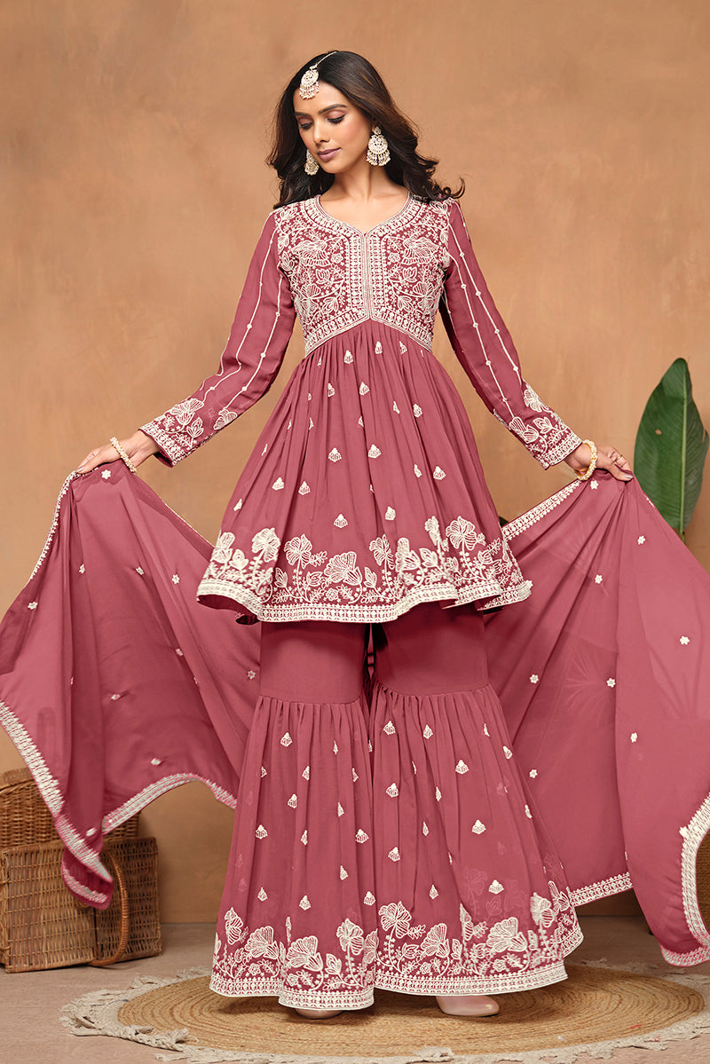 Dark-RoseFaux GeorgetteEmbroideredKurta