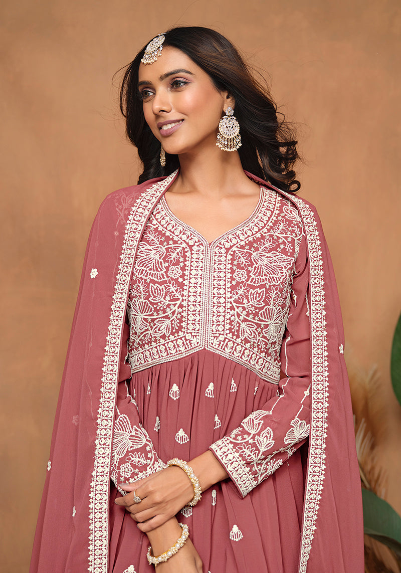 Dark-RoseFaux GeorgetteEmbroideredKurta