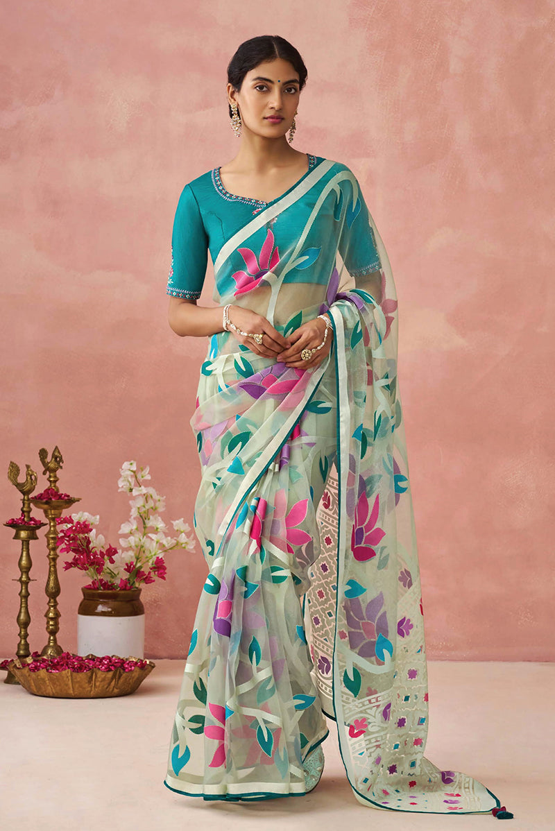 Teal Floral Print Brasso Saree