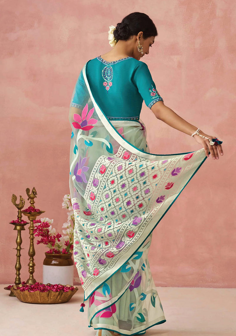 Teal Floral Print Brasso Saree
