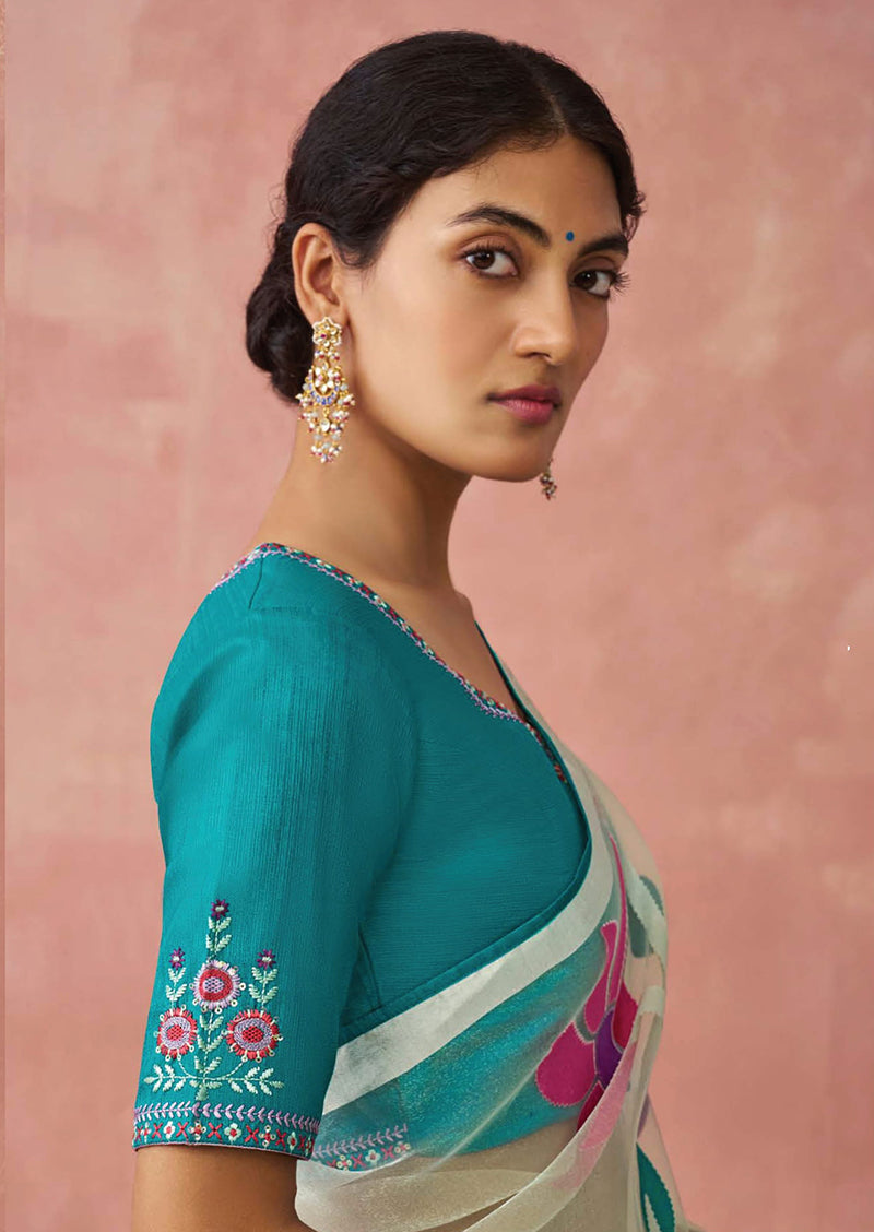 Teal Floral Print Brasso Saree