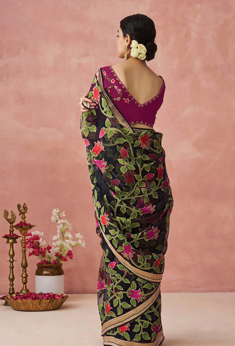 Black Floral Print Brasso Saree