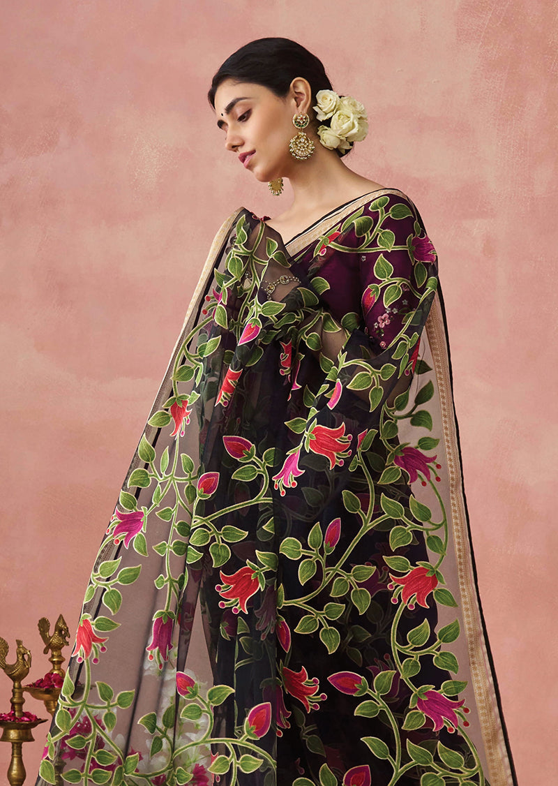 Black Floral Print Brasso Saree