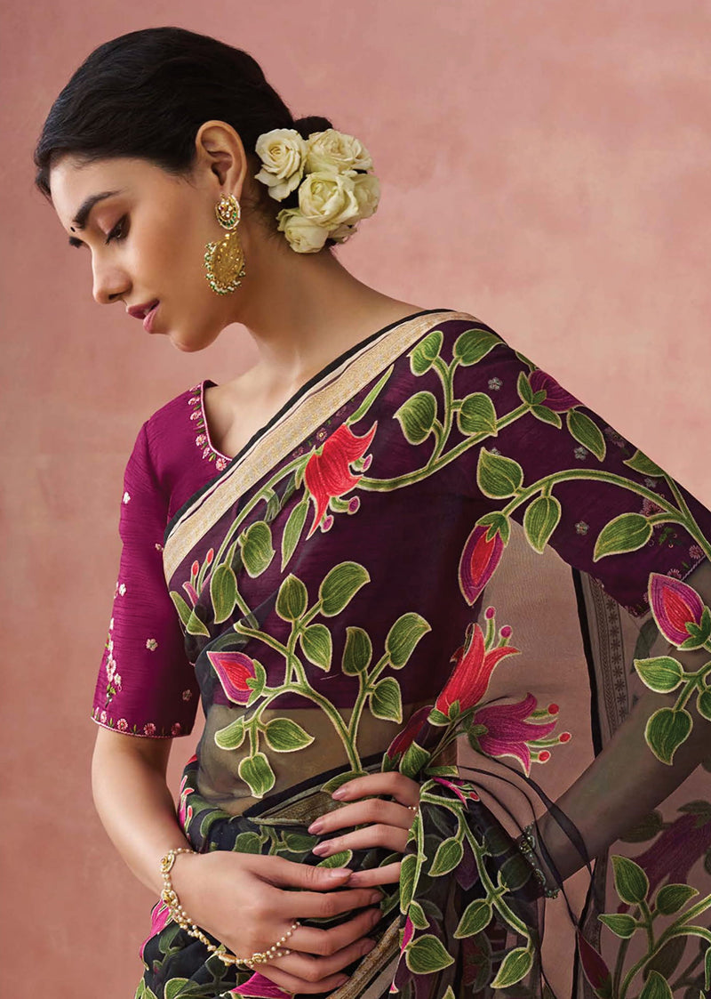 Black Floral Print Brasso Saree